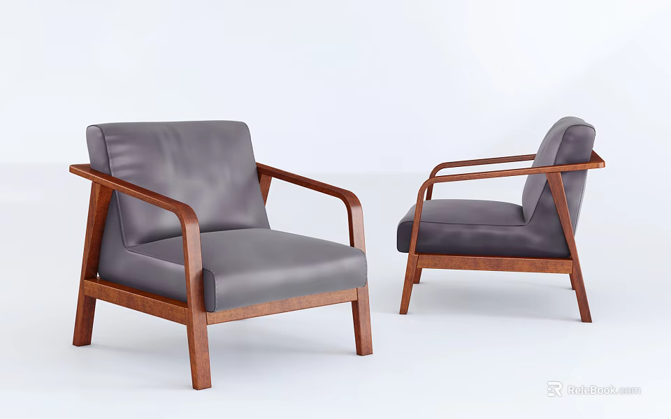 Modern Gray Leather Armchairs with Wooden Armrests and Legs Displayed in Two Angles 3d model 