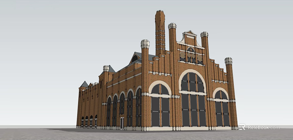 Historic Red Brick Building With Arched Windows And Decorative Towers 3d model 