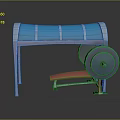 Modern Gym Interior Featuring Blue Curved Structure Red Weight Bench And Barbell