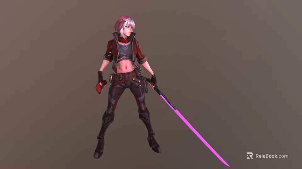 Pink Haired Female Character With Red Coat Crop Top Dark Pants Boots And Purple Lightsaber 3d model 