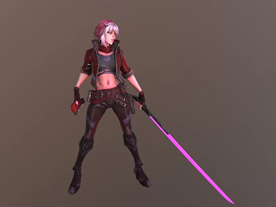 Pink Haired Female Character With Red Coat Crop Top Dark Pants Boots And Purple Lightsaber 3d model
