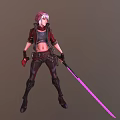 Pink Haired Female Character With Red Coat Crop Top Dark Pants Boots And Purple Lightsaber