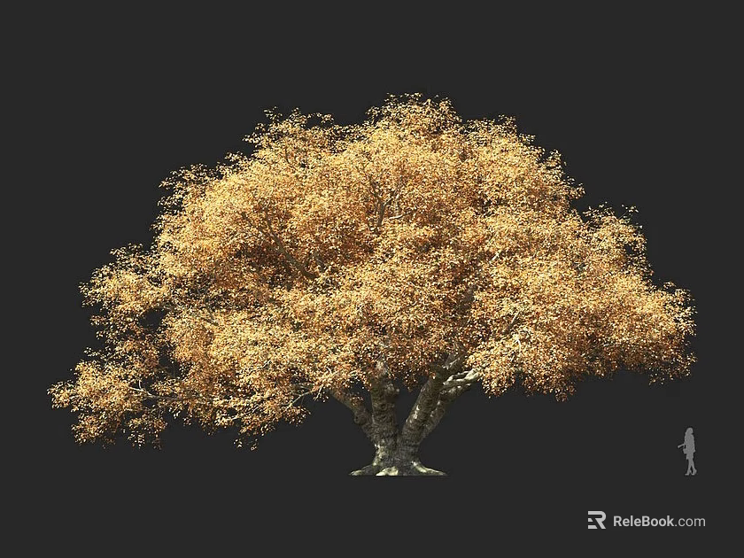 Large Solitary Tree With Golden Foliage Standing Against Dark Background And Small Human Figure For Scale 3d model 