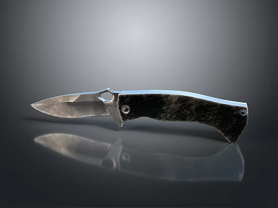 Folding Knife With Sharp Metal Blade And Black Handle On Dark Reflective Surface 3d model