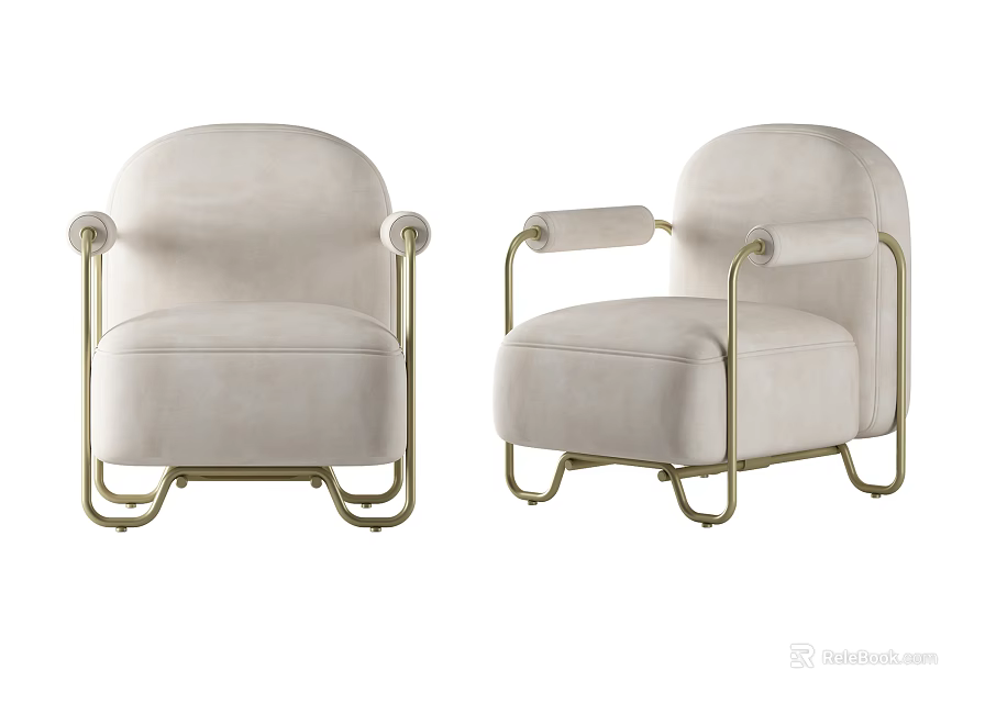 Light Colored Single Sofa With Golden Metal Frame And Velvet Upholstery 3d model 