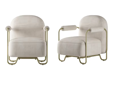 Light Colored Single Sofa With Golden Metal Frame And Velvet Upholstery 3d model