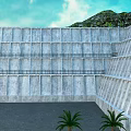 Gray Concrete Wall Structure With Palm Trees And Mountain Background Under Blue Sky 3d model