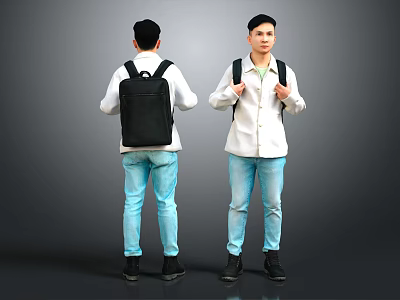 Man Wearing White Shirt Blue Jeans Black Backpack Front And Back View Standing 3d model
