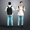 Man Wearing White Shirt Blue Jeans Black Backpack Front And Back View Standing