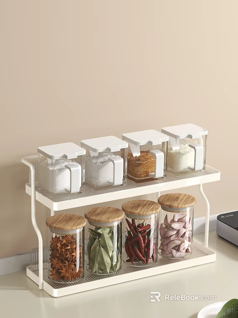 Kitchen Countertop Spice Storage Jars With Various Lids 3d model