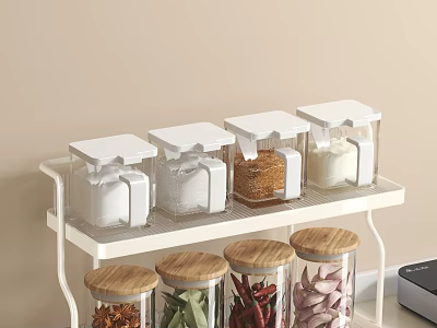 Kitchen Countertop Spice Storage Jars With Various Lids 3d model