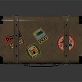 Vintage Brown Leather Suitcase With Colorful Travel Stickers And Metal Buckles