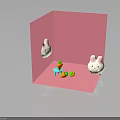 Cute White Rabbit Characters In Pink Cubic Space With Carrot And Colorful Blocks