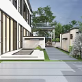 Relaxing Outdoor Wooden Deck With Patio Table Chairs Building Trees And Umbrella