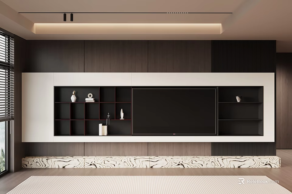 Modern Dark Wood TV Wall Design With Open Shelving And Marble Base 3d model 