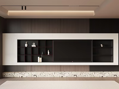 Modern Dark Wood TV Wall Design With Open Shelving And Marble Base 3d model