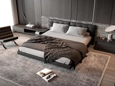Modern Double Bed With Black Headboard Gray Sheets And Blanket Beside Nightstand Chair And Rug 3d model
