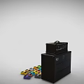 Black Amp Head And Speaker Cabinet Stack With Colorful Guitar Effect Pedals Scattered Around