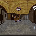 Sacred Religious Worship Area With Buddha Statue Altar Table Lotus Chandelier And Golden Ceiling