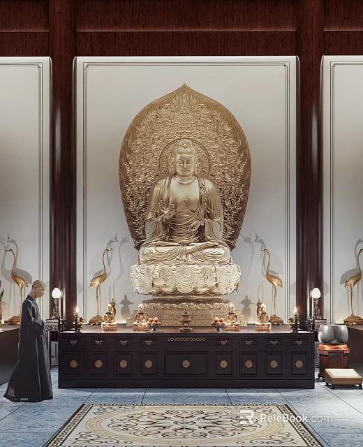 Golden Buddha Statue in Indoor Religious Setting with Worshiper Offerings and Incense Burner 3d model 