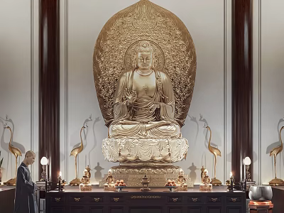 Golden Buddha Statue in Indoor Religious Setting with Worshiper Offerings and Incense Burner 3d model