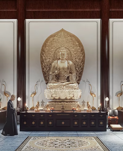 Golden Buddha Statue in Indoor Religious Setting with Worshiper Offerings and Incense Burner 3d model