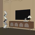 Elegant Modern Dark TV Stand Featuring Arched Doors Metal Legs Table Lamp And Beige Wall