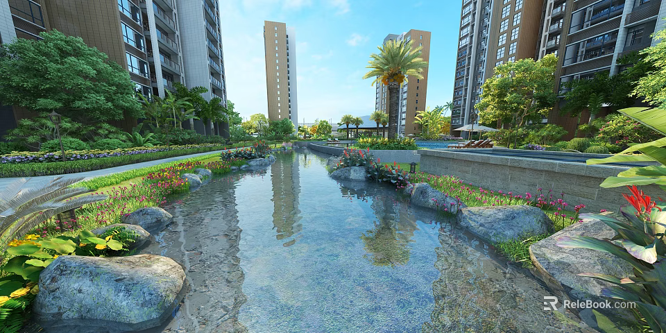 Garden Landscape With Stream Stones Flowers And Palm Trees Near Tall Buildings 3d model 