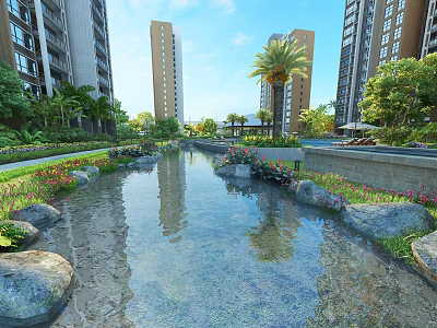 Garden Landscape With Stream Stones Flowers And Palm Trees Near Tall Buildings 3d model