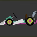 Turquoise And White Toy Go Kart With Brown Seat Black Wheels And Circular Logo Featuring Number 34