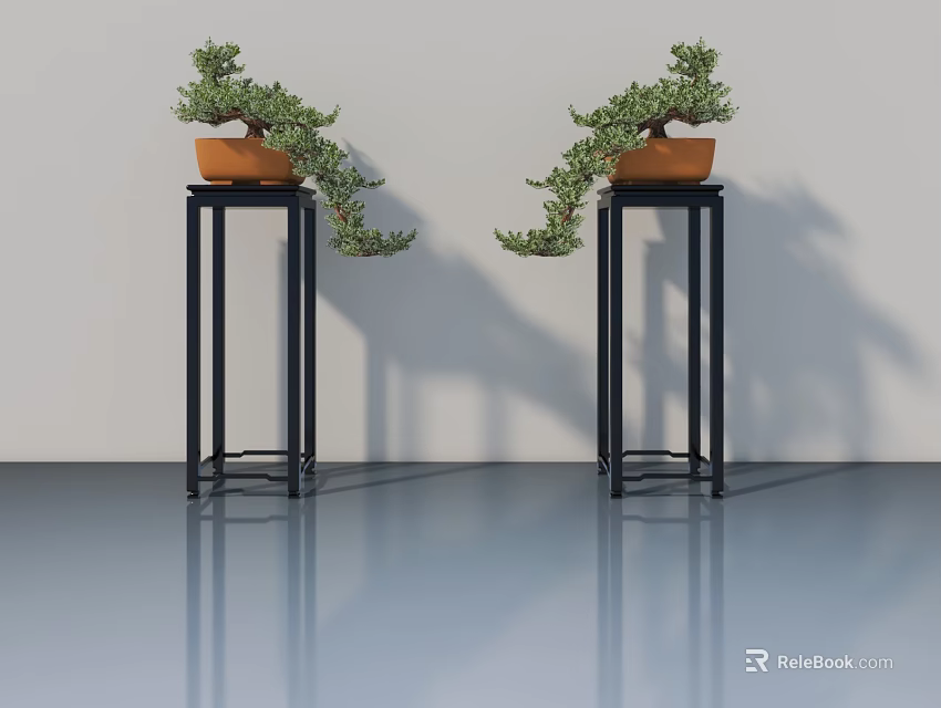 Elegant Interior Featuring Hinged Doors With Potted Plants On Black Stands 3d model 