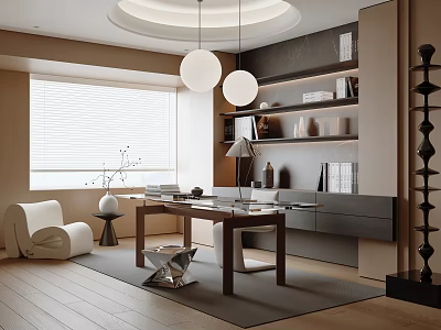 Modern Study Room Interior With Wooden Desk Bookshelves Armchair And Pendant Lights 3d model