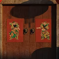 Traditional Commercial Street With Hanging Red Lanterns Door Couplets Stone Lions And Brick Houses