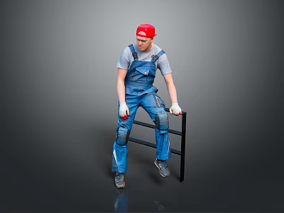 A Man in Gray T-Shirt Blue Overalls Red Cap Holding Black Ladder with White Gloves 3d model