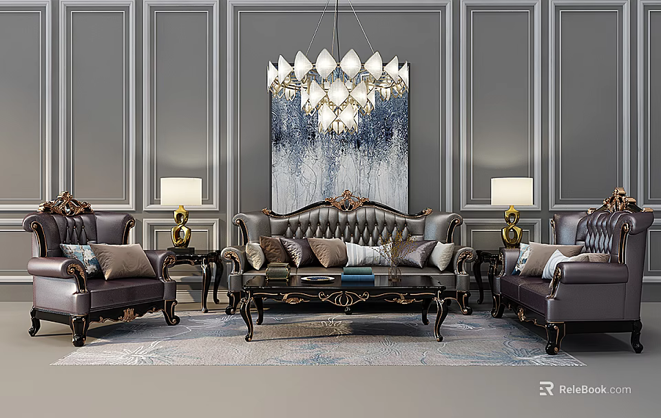 Luxurious Leather Sofa And Coffee Table Set With Carved Details Wall Art And Chandelier 3d model 