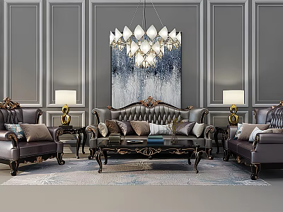 Luxurious Leather Sofa And Coffee Table Set With Carved Details Wall Art And Chandelier 3d model