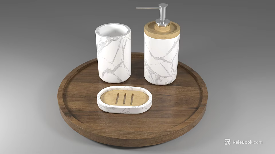 Bathroom Accessories on Wooden Tray with Marble Pattern Toothbrush Holder Soap Dispenser and Soap Dish 3d model 