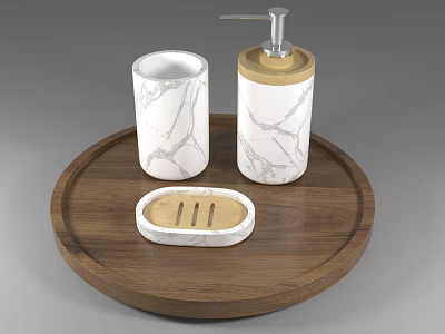 Bathroom Accessories on Wooden Tray with Marble Pattern Toothbrush Holder Soap Dispenser and Soap Dish 3d model