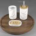 Bathroom Accessories on Wooden Tray with Marble Pattern Toothbrush Holder Soap Dispenser and Soap Dish