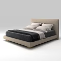 Modern Minimalist Double Bed With Beige Upholstered Headboard White Pillows Black Bedspread And Wooden Legs
