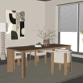 Minimalist Wooden Dining Table Set With Chairs Floor Lamp And Abstract Art