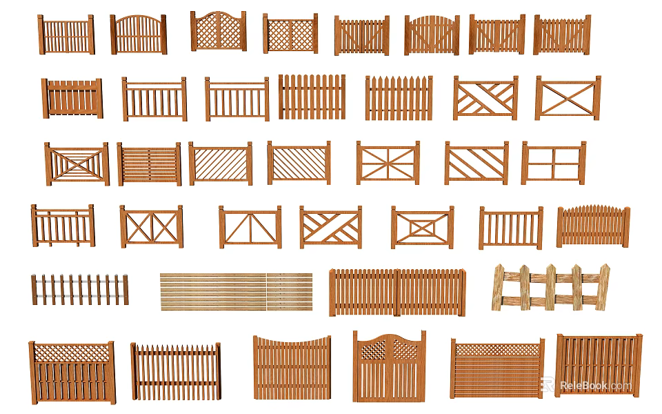 Different Wooden Fence Styles With Decorative Patterns And Classic Designs For Gardens 3d model 