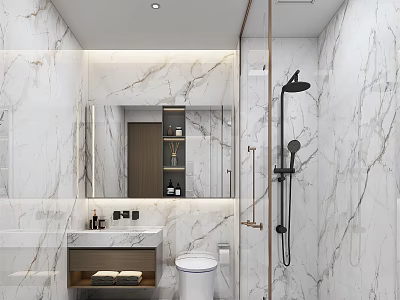 Modern Bathroom Interior Design With Marble Walls Large Mirror Shower Area And Vanity 3d model