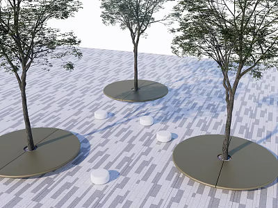 Outdoor Garden Flower Planters With Trees On Paved Ground And White Stools 3d model
