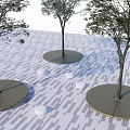 Outdoor Garden Flower Planters With Trees On Paved Ground And White Stools