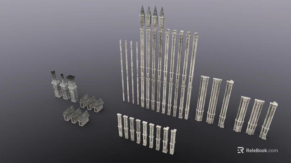 Various Architectural Building Components Including Tall Columns And Tower Structures 3d model 