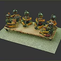 Group Of Traditional Costume Figurines Sitting On Wooden Platform Playing Instruments And Resting