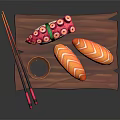Appetizing Japanese Sushi Platter With Salmon Octopus Chopsticks And Soy Sauce On Wooden Tray