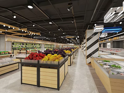 Well Lit Supermarket Department Store Interior Featuring Fresh Fruits Vegetables And Refrigerated Sections 3d model