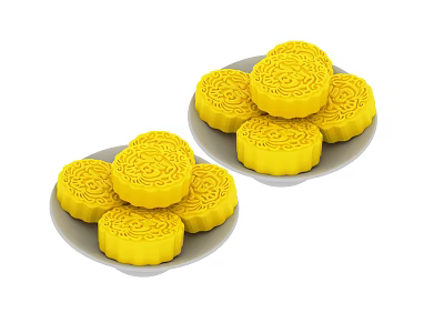 Round Yellow Patterned Mooncakes Arranged on Two Plates with Intricate Designs 3d model
